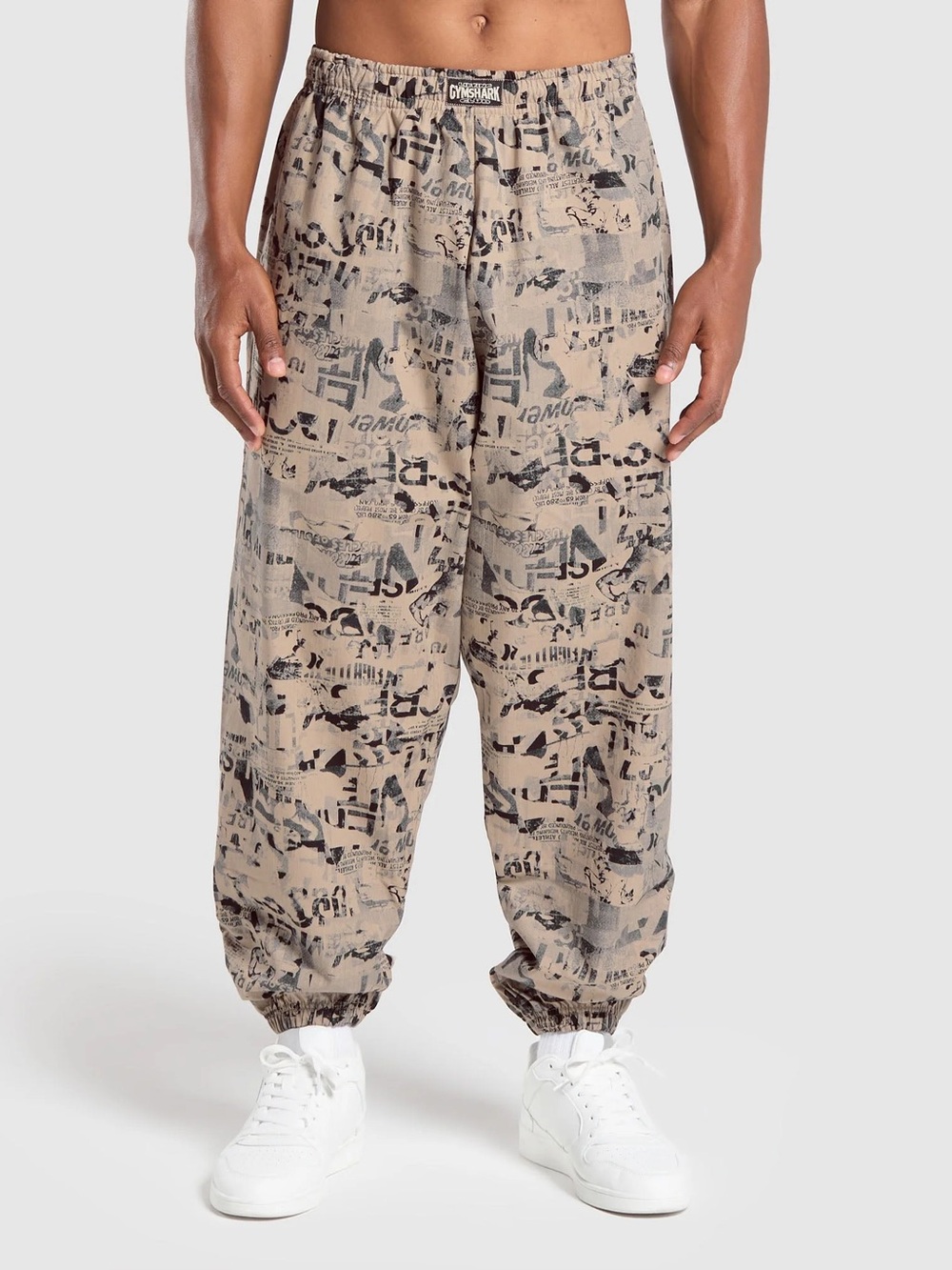 Gymshark Lifting Oversized Printed Woven Pants Sand Beige Camo Graphic Mens